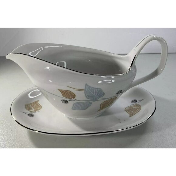 Bavaria Germany Fine China Mid-Century Blue Brown Leaf Gravy Boat Silver Edging - Picture 3 of 12